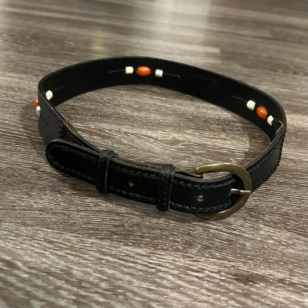Vintage L.L.Bean Black Leather Beaded Belt Sz L Brass Buckle Western Boho Unisex